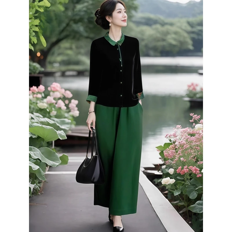 2025秋季新款气质撞色拼接翻领上衣+松紧腰休闲裤显瘦中国风套装