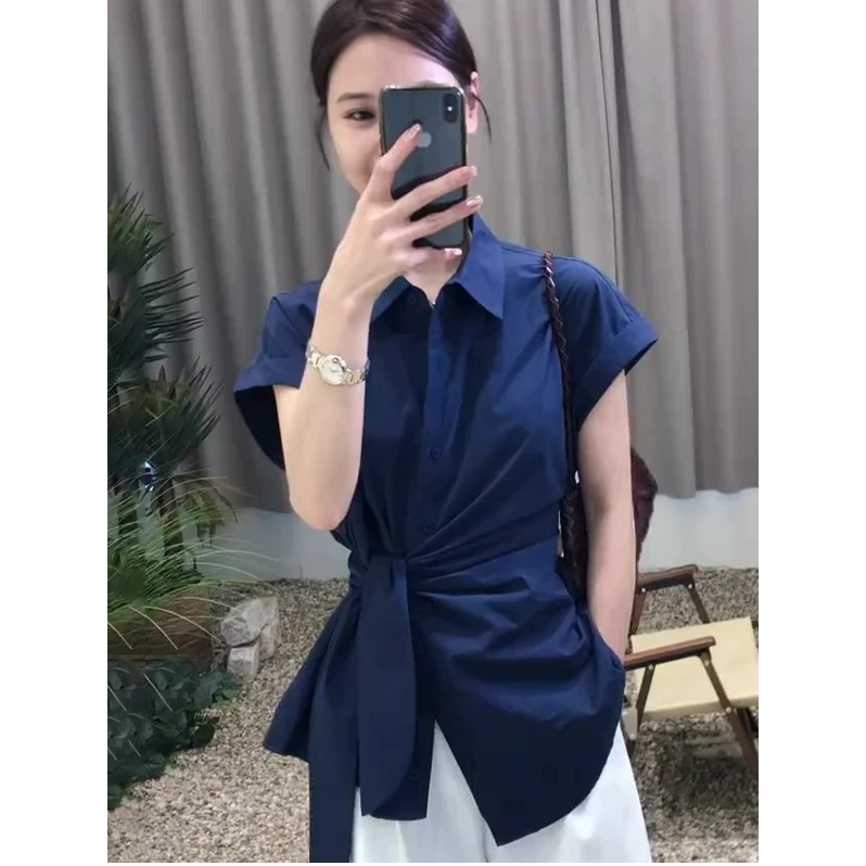 高级感翻领收腰系带短袖衬衫女2025夏季新款气质百搭洋气显瘦上衣