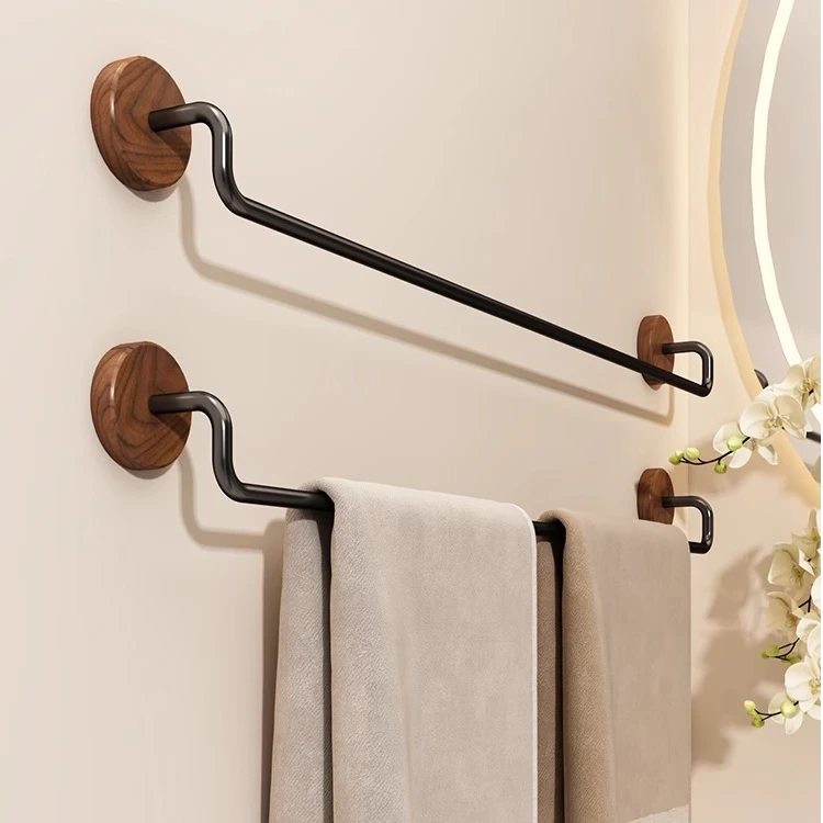 胡桃木卫生间毛巾架免打孔厕所毛巾杆挂架浴室单杆架子浴巾置物架