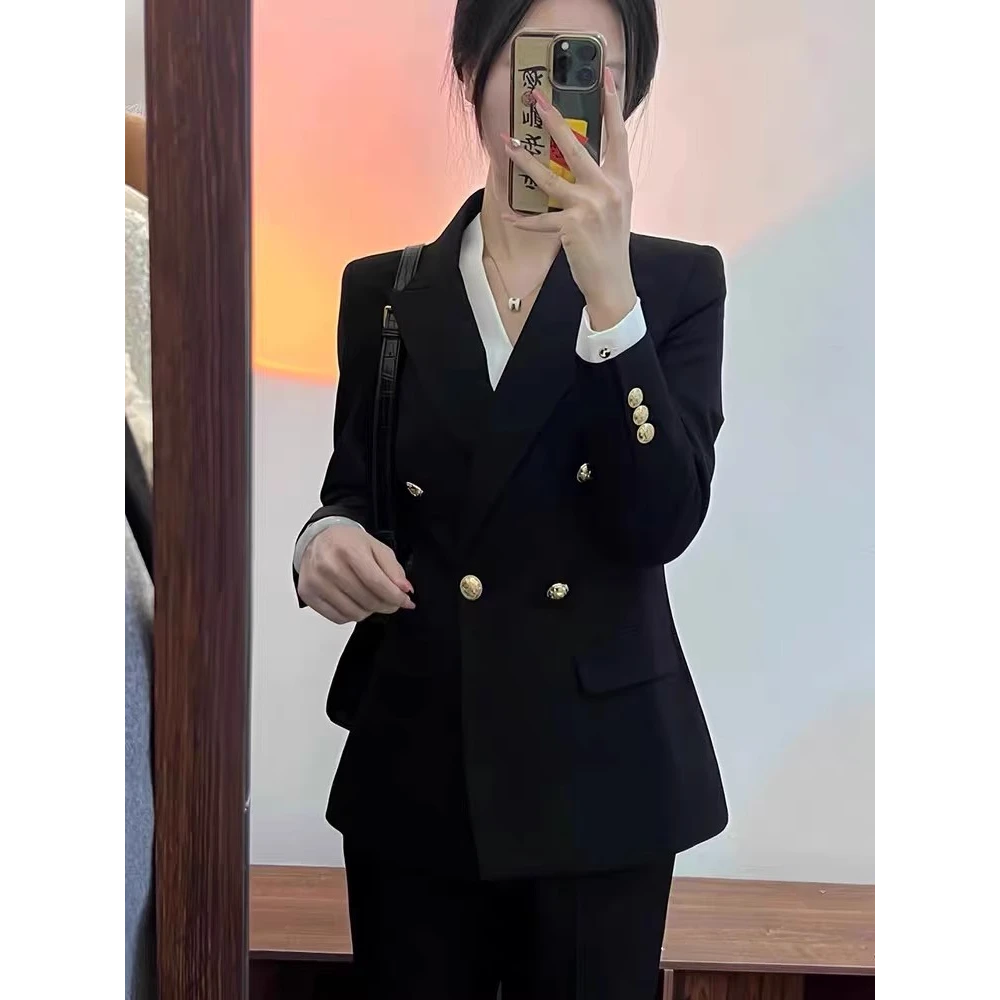 大码黑色职业西装套装女春秋新款年会面试工作气质修身双排扣西服