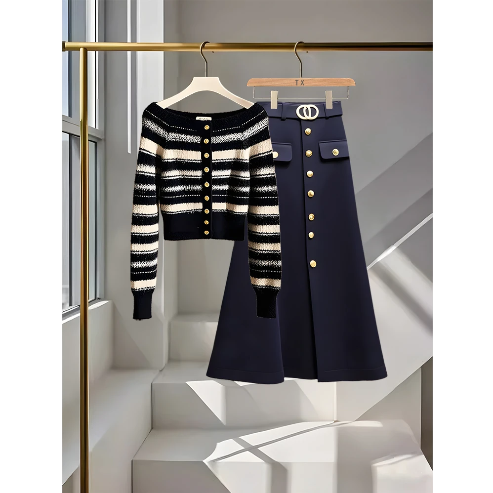 2025洋气独特漂亮设计感一字肩条纹针织衫轻奢高腰显瘦气质半身裙