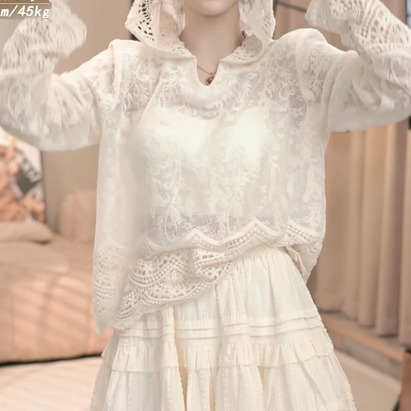 春季新款连帽蕾丝边拼接气质百搭重工钩花蕾丝衫LK2501801