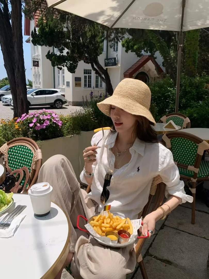 老钱风亚麻纯色经典小马刺绣衬衫防晒开衫夏季长袖衬衣休闲8.0