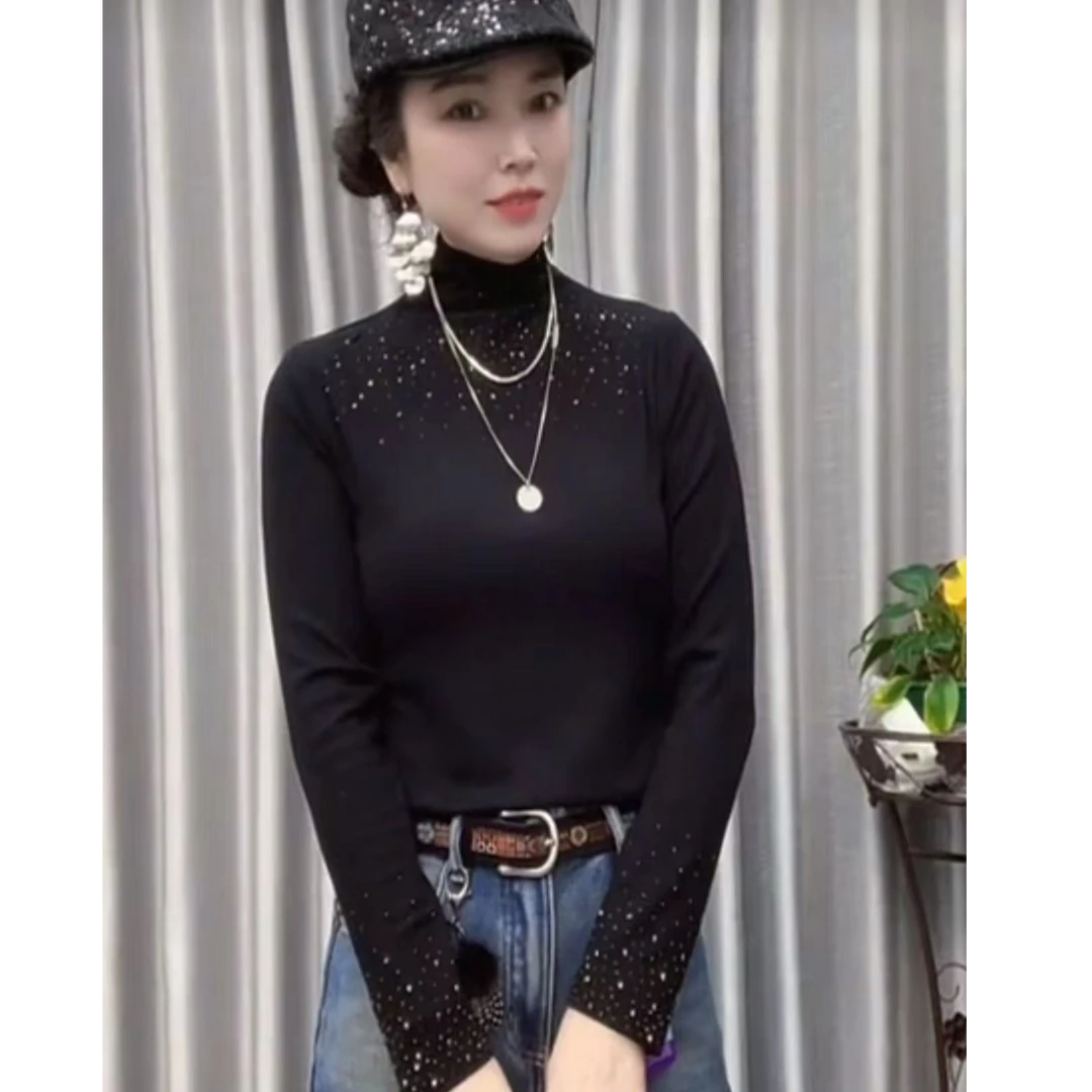 【懂你吴姐】9961新款雷琴领口袖口高温烫钻磨毛上衣