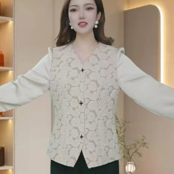 2025春新时尚V领长袖单排扣褶皱打底衫T恤女上衣立体花