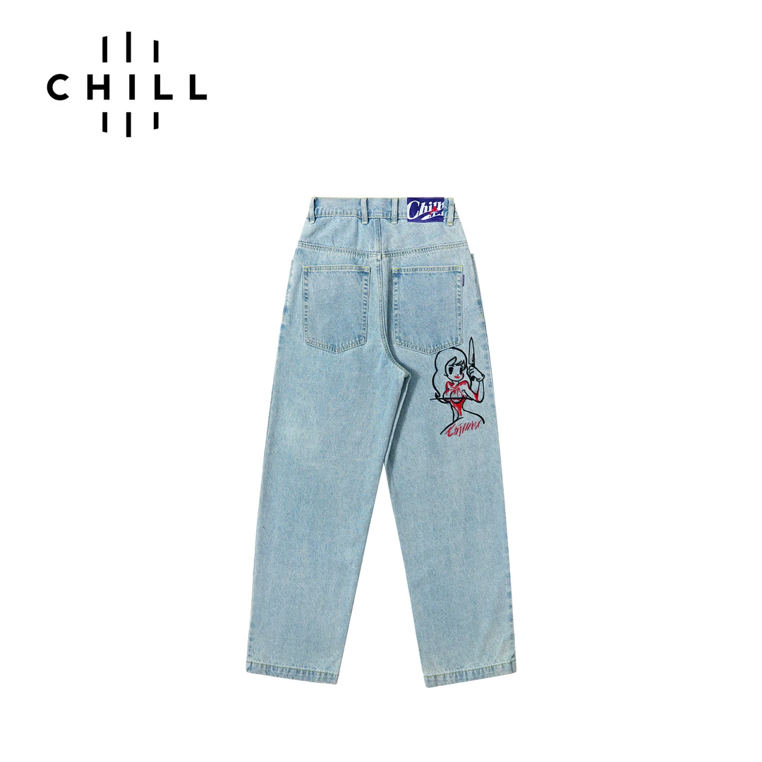 CHL求点 绣花美人鱼水洗牛仔裤原创街头潮流滑板宽松美式复古裤子