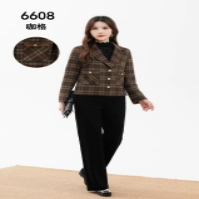 N6608舒适毛呢外套秋冬时尚洋气短款双面大衣格子外套