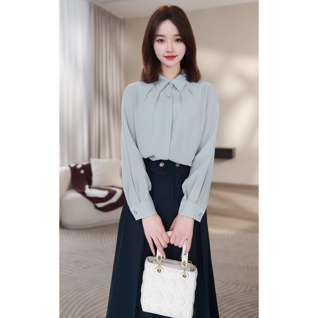 【曼贝】气质风定制款天青蓝长袖衬衫女时尚设计感6393001【小雪】
