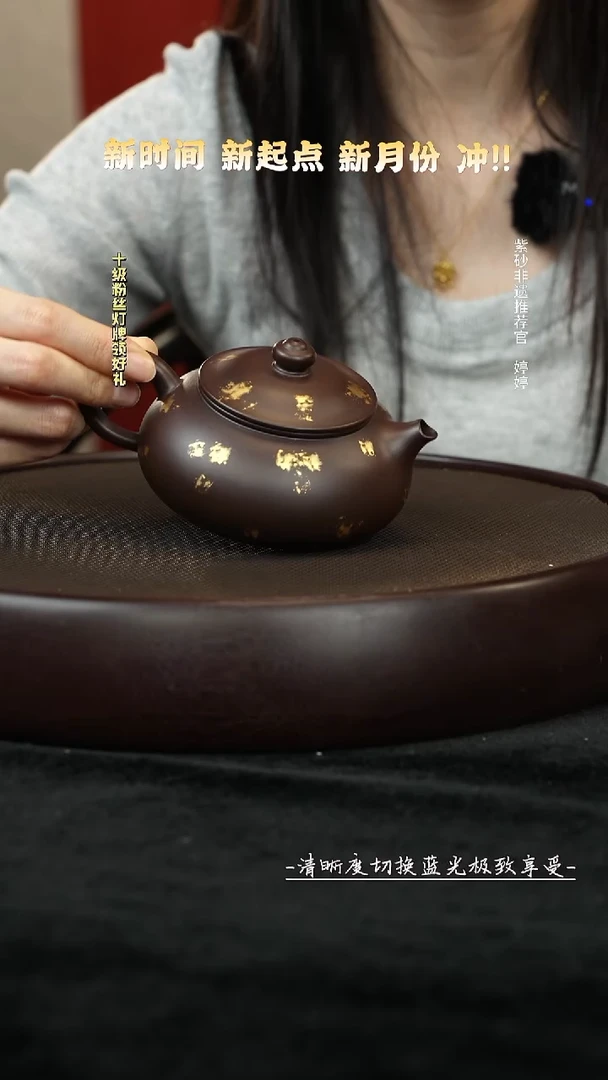 茶壶紫砂紫茄泥寒江描金220cc