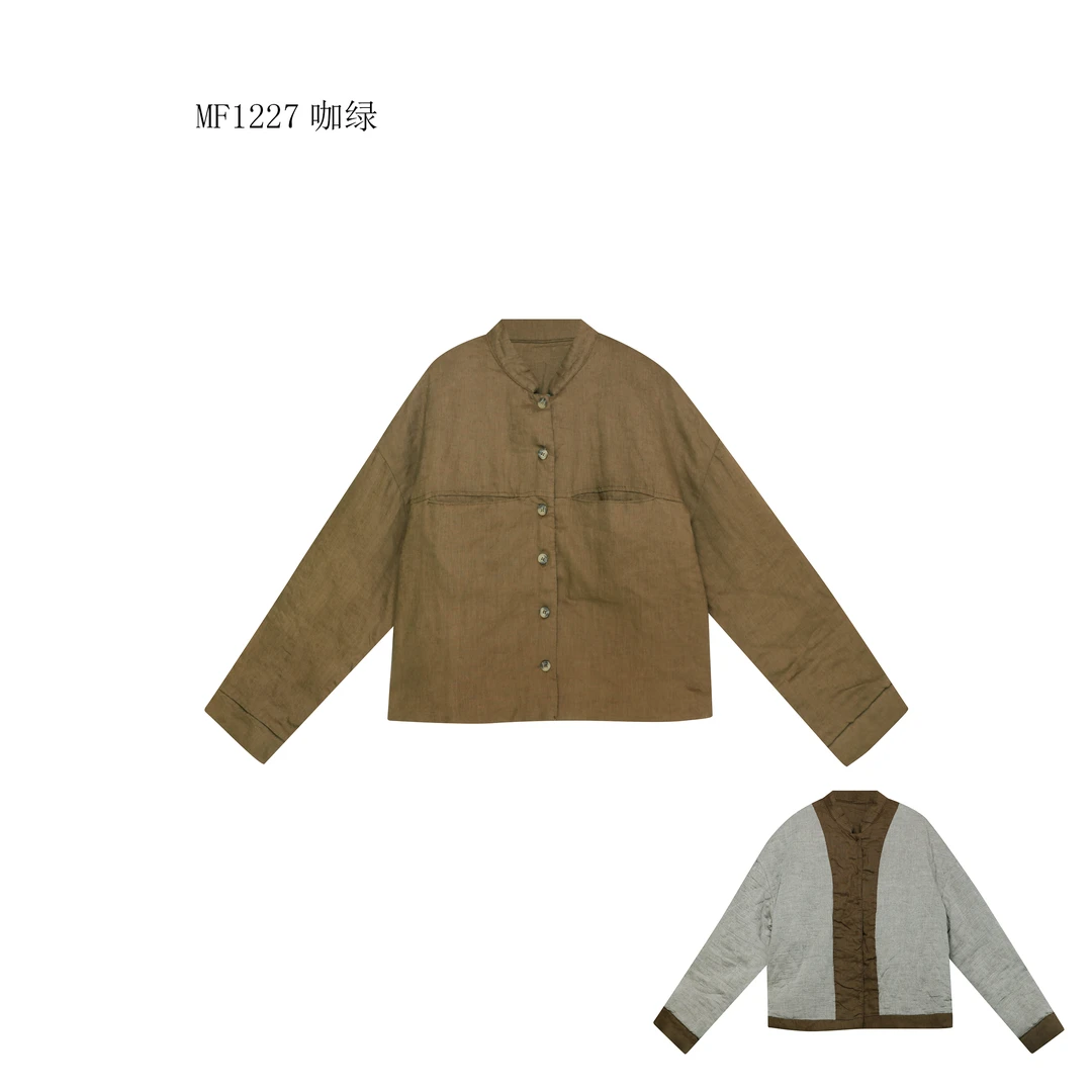 【麻訪家】MF1227咖绿文艺复古休闲口袋百搭保暖棉服外套