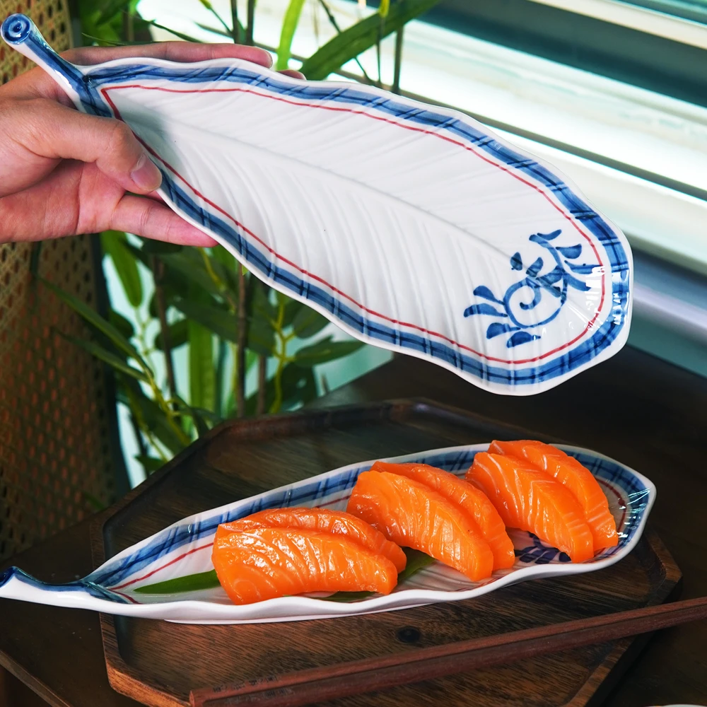 RIGEIAN/瑞涧【10.5寸芭蕉叶盘】唐草青花瓷手工盘子家用创意大号