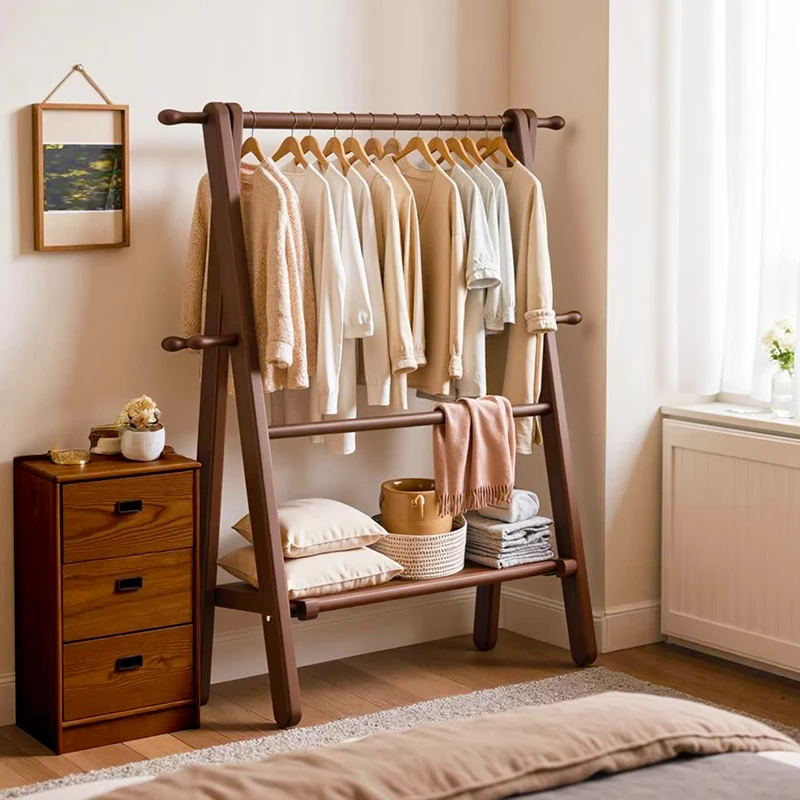 全实木衣帽架家用落地卧室挂衣架子结实立式放衣服挂包折叠置物架