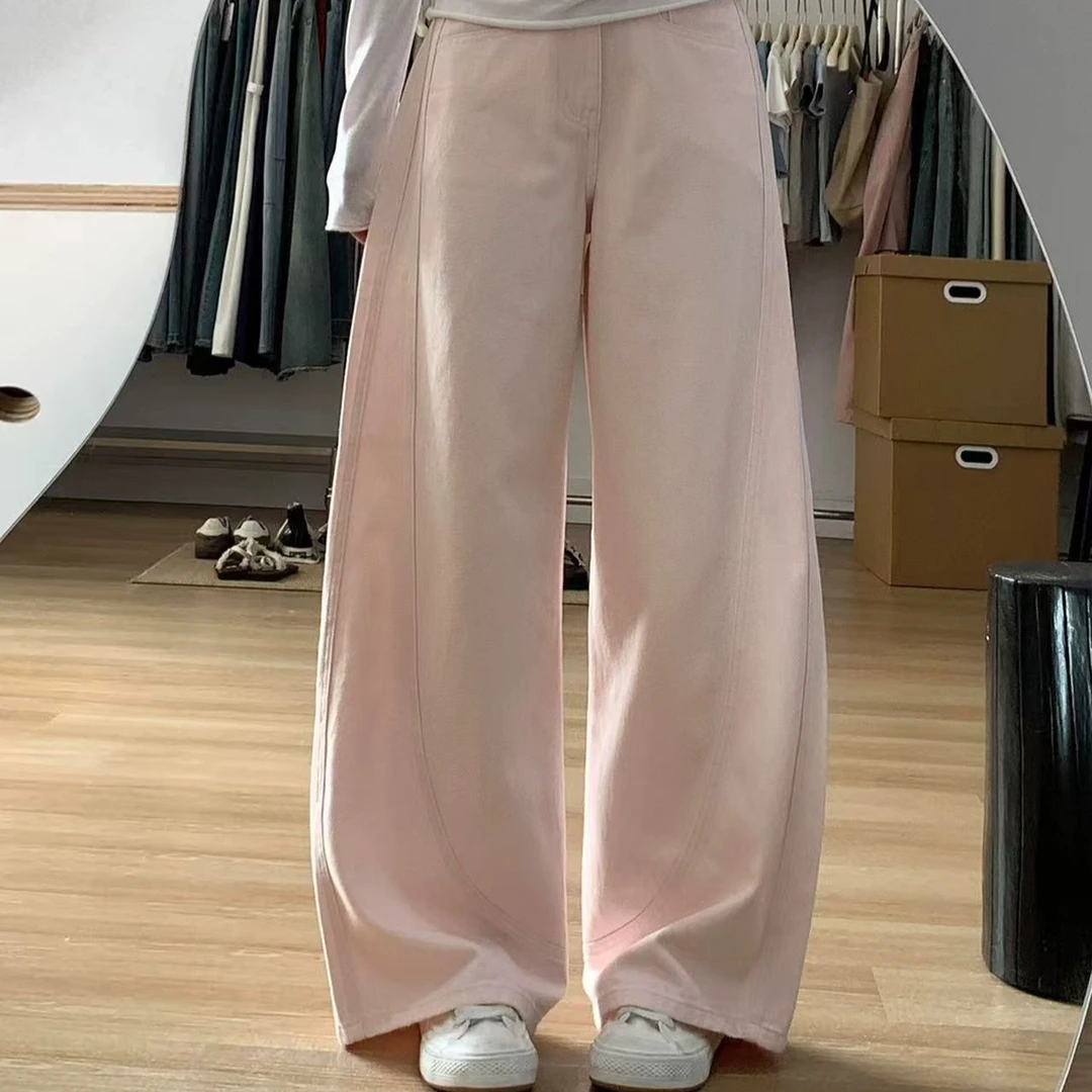 樱花粉+奶蓝弯刀牛仔裤试穿了超百搭