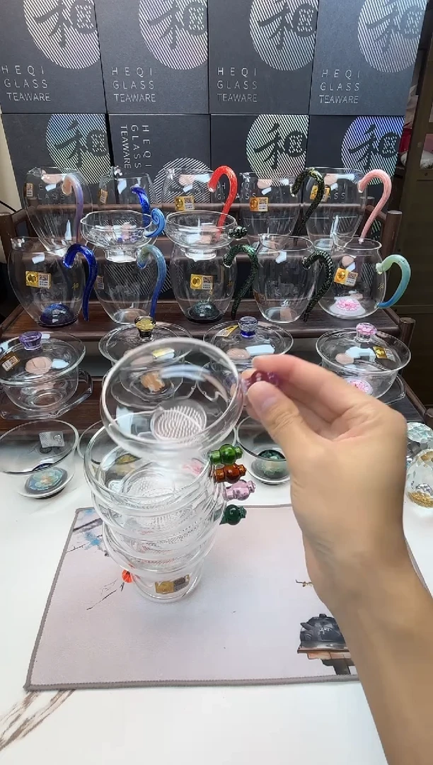 玻璃手工艺品三才盖碗 湖绿色 普通盒