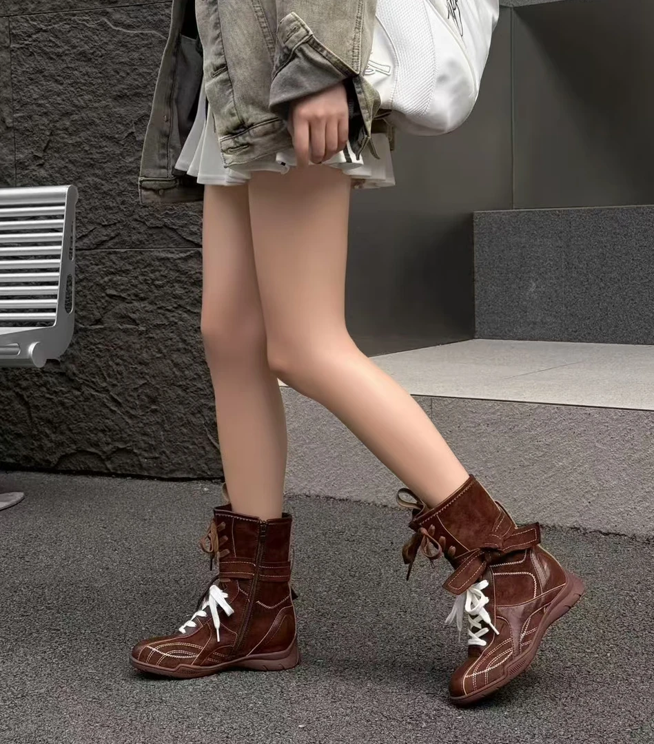 【华小姐】秋季新款时尚潮流圆头平底百搭小短靴9055-1