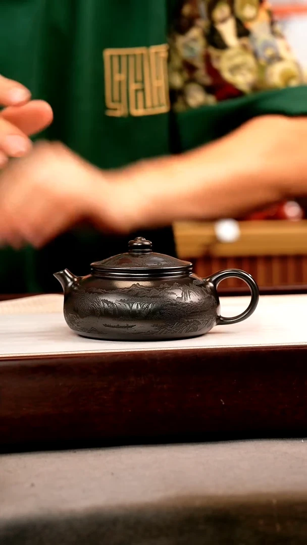 茶壶紫砂石黄 寒江 山水