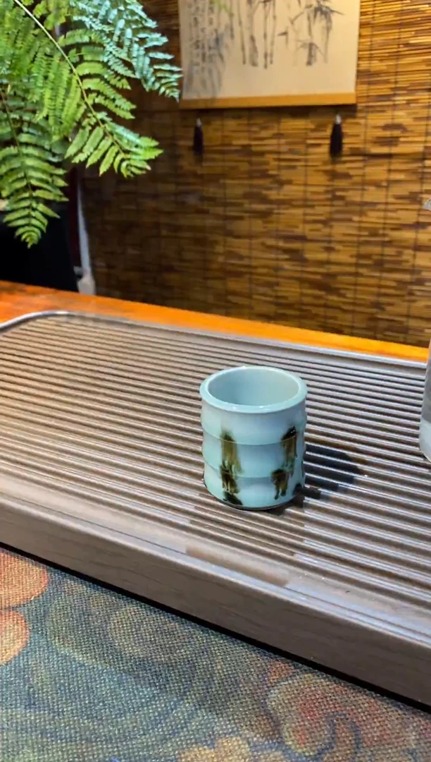 【山隐青瓷】龙窑柴烧杯子 竹节杯点彩粉青釉