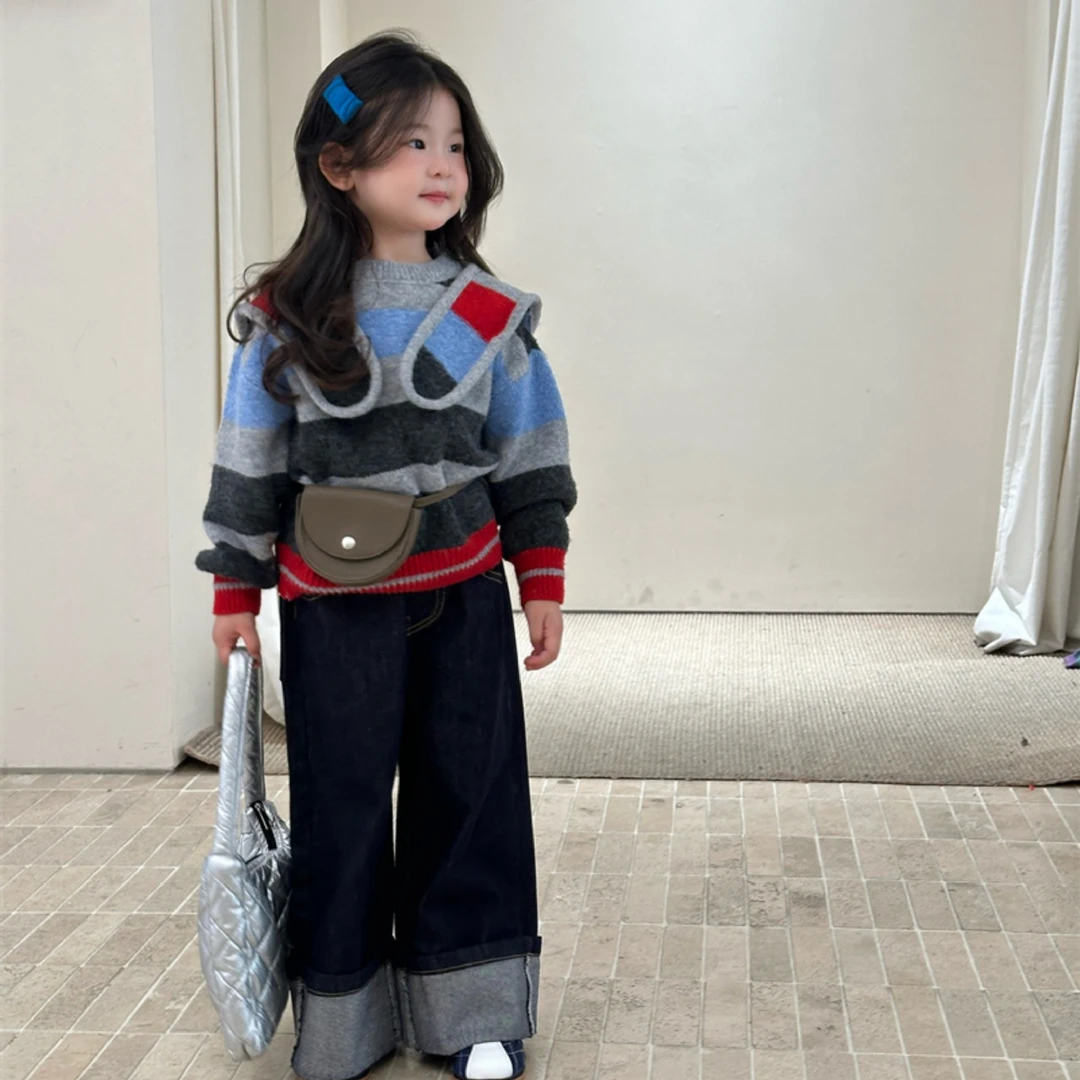 韩系女童2025深秋款洋气加厚条纹带帽套头毛衣女宝简约百搭牛仔裤