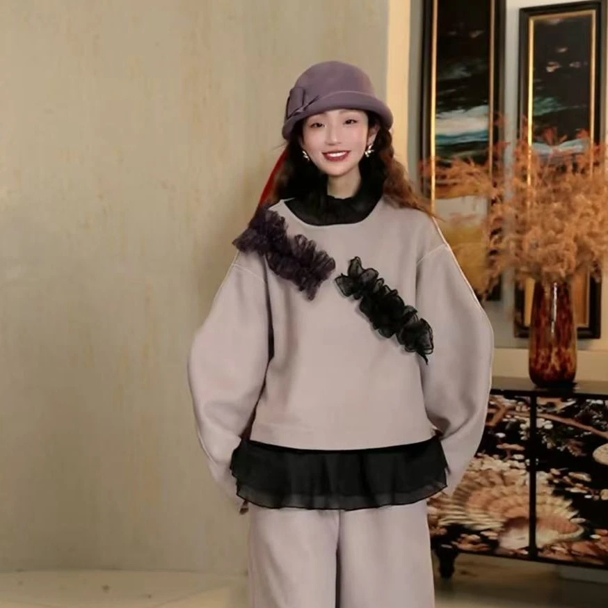 篱君25春季新款抽褶花边绵羊毛上衣时尚设计气质轻奢羊腿袖上衣