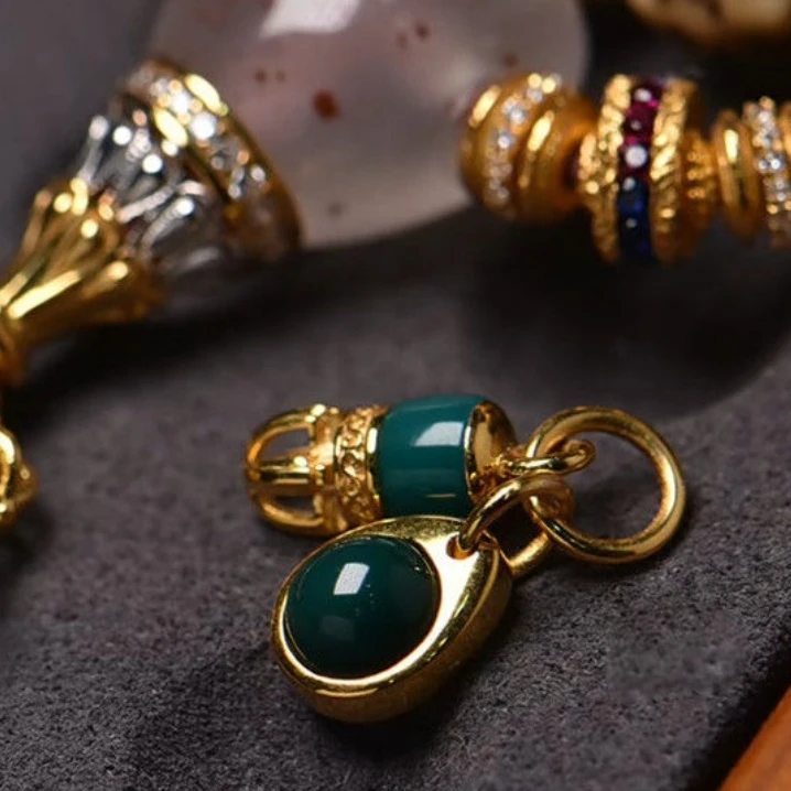 藏式复古绿色吊坠卡子侧挂吊坠文玩佛珠星月记数卡子diy挂件配件.