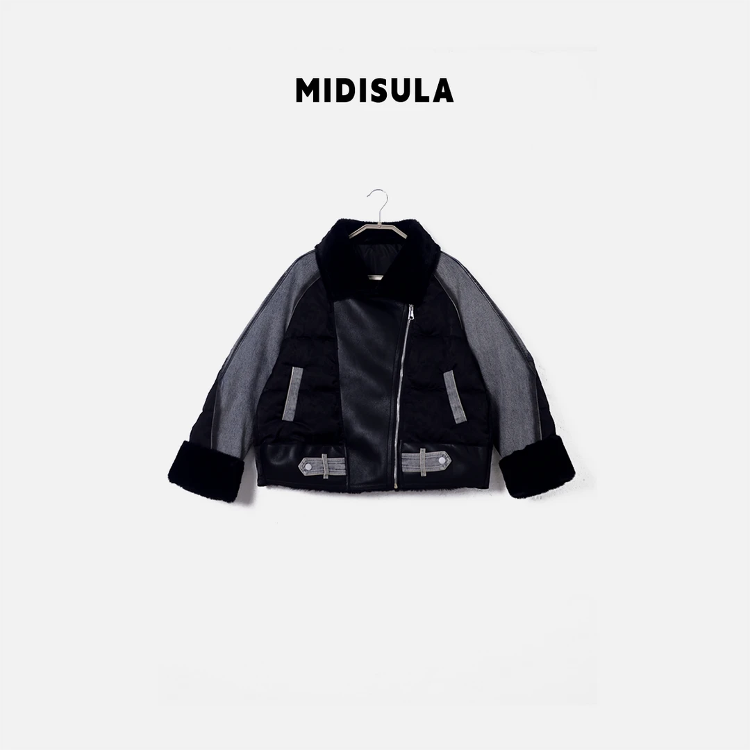 【H.MDSL】皮毛一体拼接拼色保暖白鸭绒翻领拼色派克服外套#2105