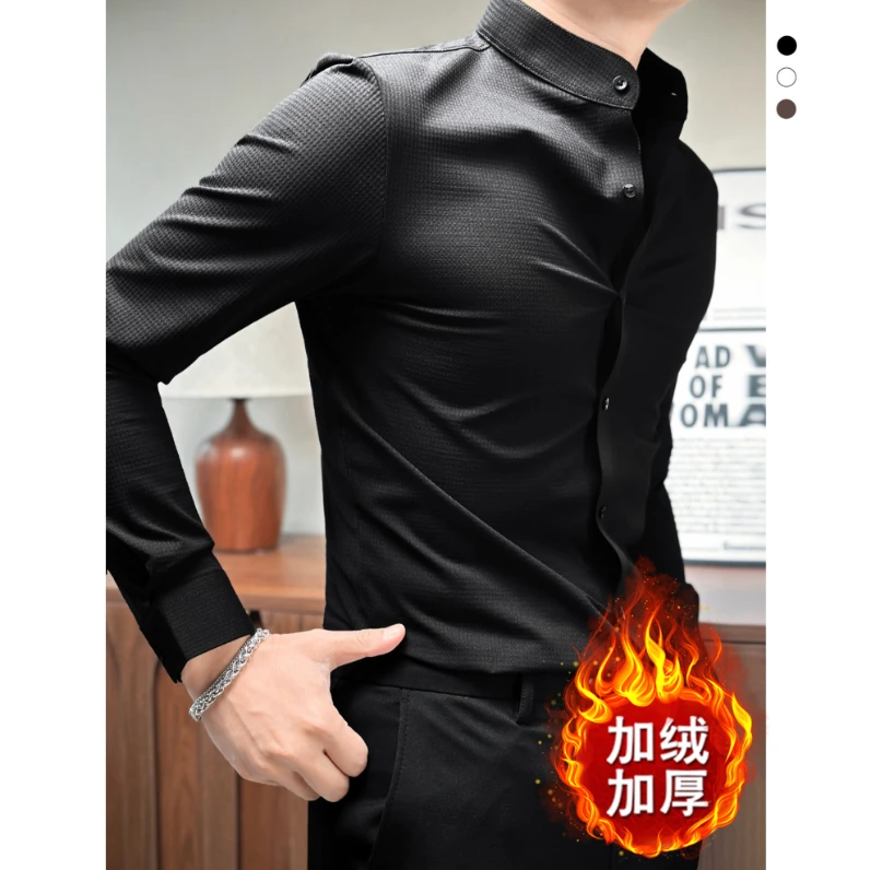 华夫格男士长袖加绒衬衫秋季新款痞帅修身高级感男装极简衬衫男