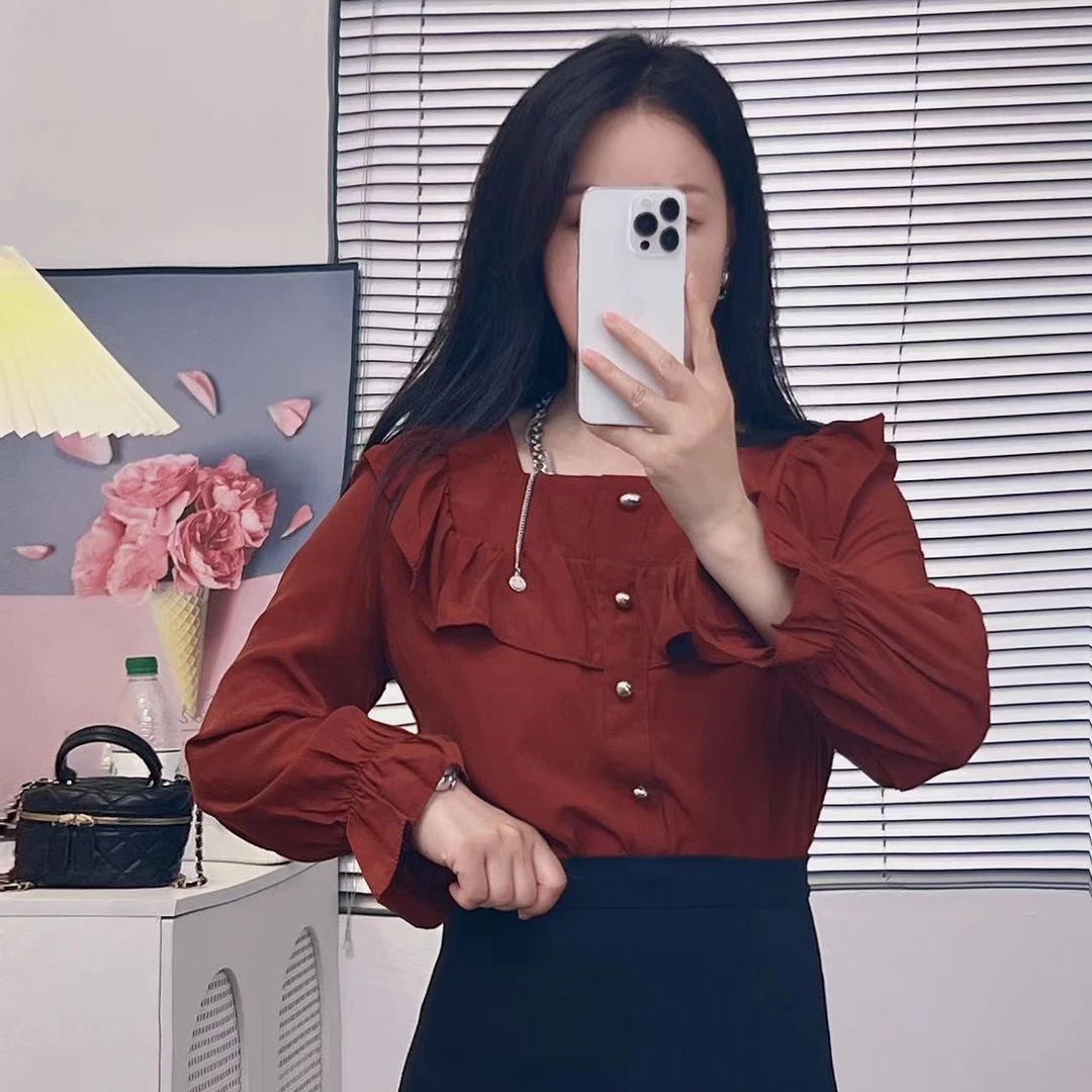 2025春秋季法式简约气质木耳边时尚衬衫女款薄款休闲显瘦内搭上衣