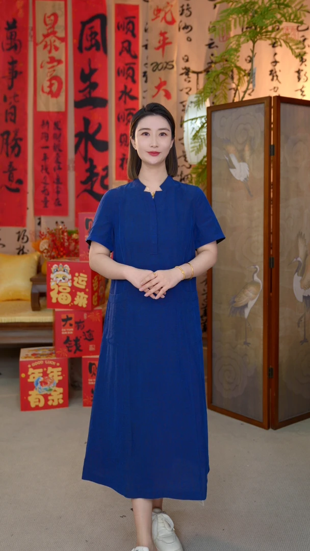 田新家100桑蚕丝 新品经典老料龟裂纹双穿连衣裙(86192高贵蓝 )