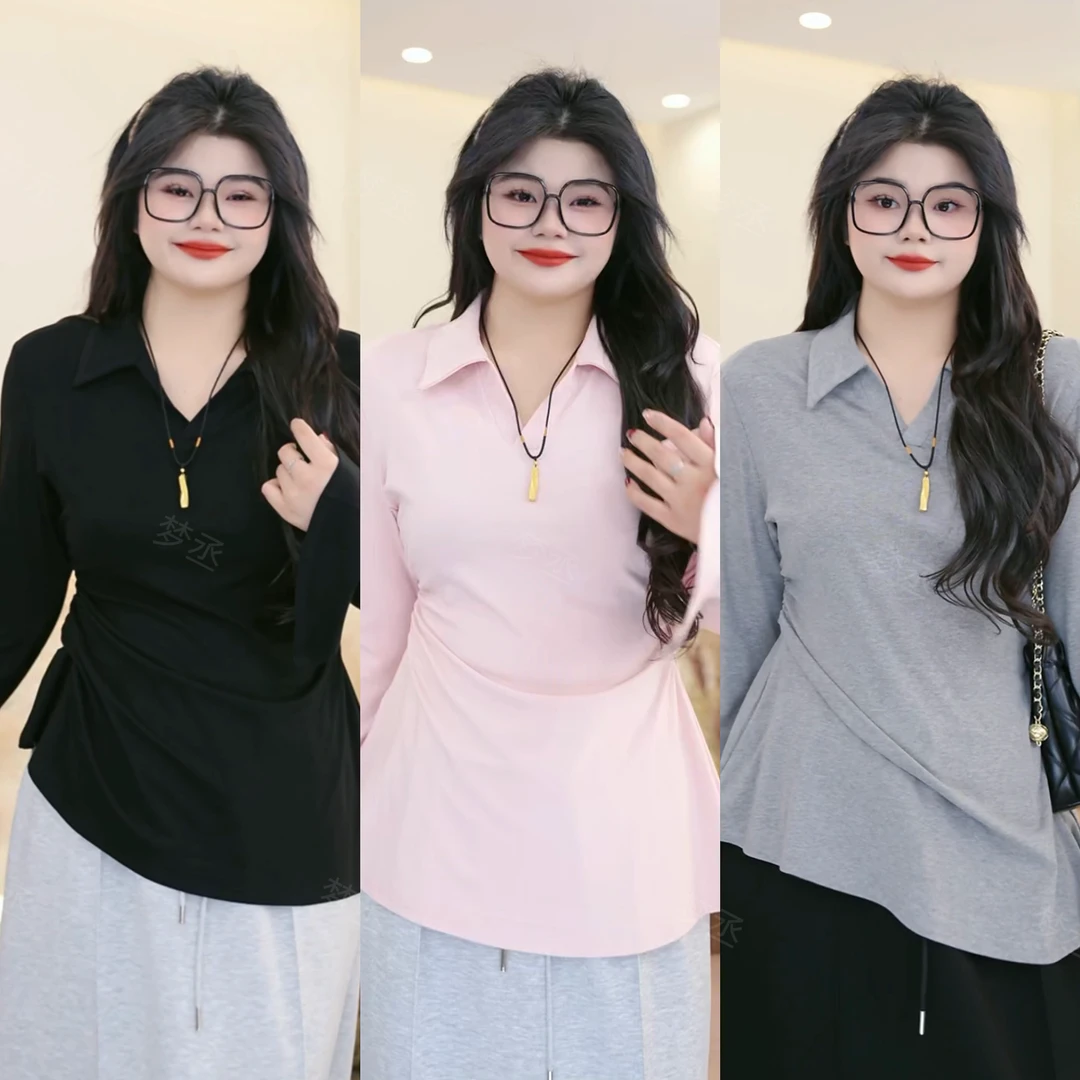 梦丞【高智淡入】大码女装POLO领收腰气质显瘦减龄纯色长袖针织衫