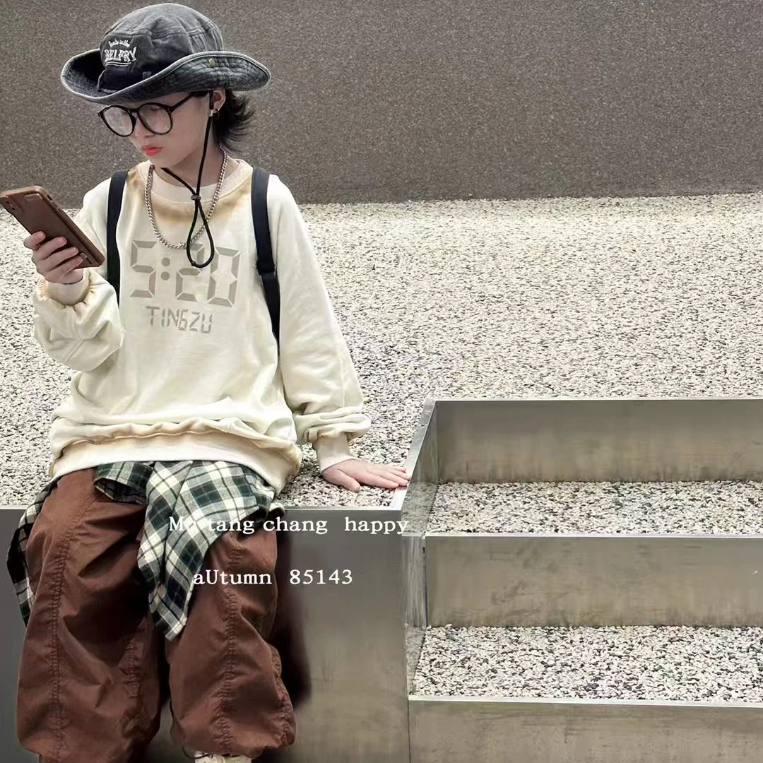 508447 杏 韩版男童女童新款秋冬款时尚儿童洋气百搭休闲卫衣