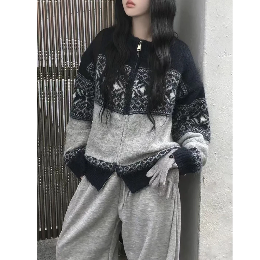 韩系复古费尔岛雪花针织拉链衫软糯休闲宽松毛衣外套1574