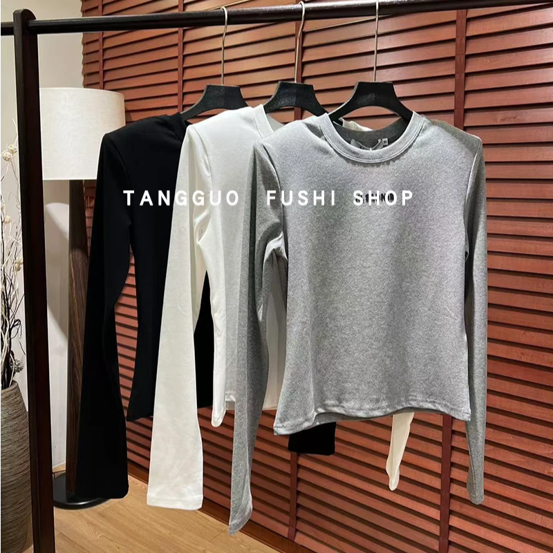 韩版百搭小众『前后字母』直角肩抽绳设计感打底T恤女长袖80077