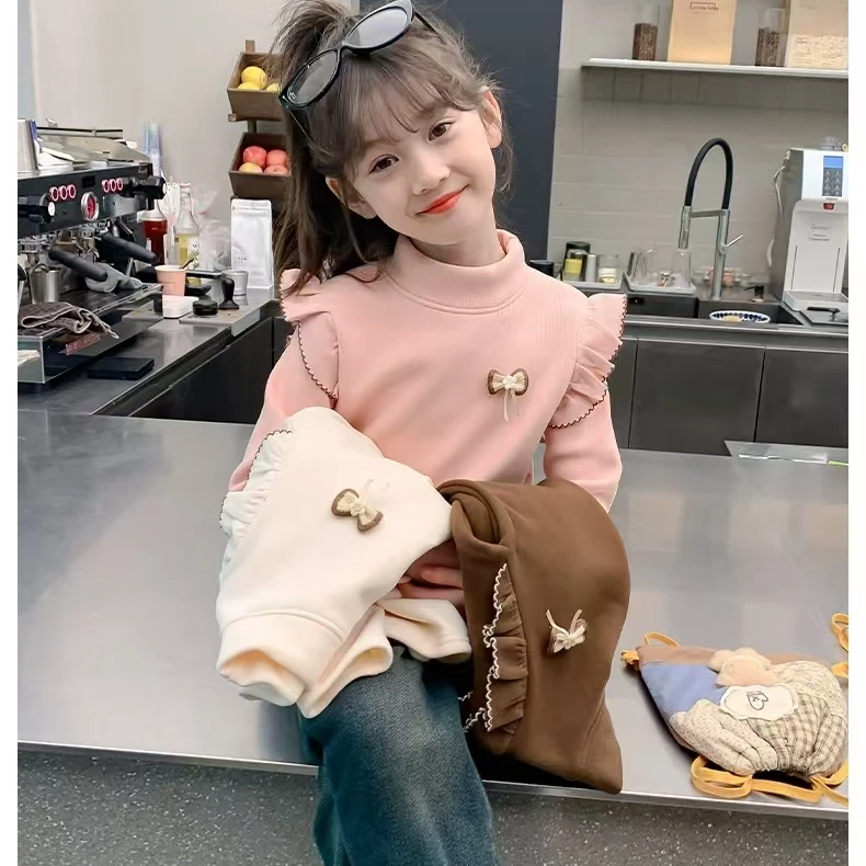 女童秋冬季打底衫中大童新款加绒飞袖高领长袖女宝宝洋气纯色上衣