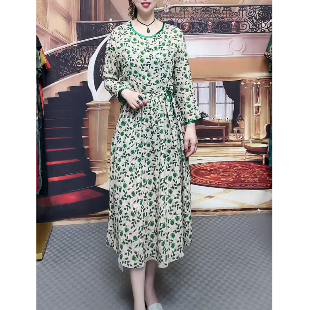 7086 夏季圆领宽松抽绳气质休闲连衣裙女士九分袖碎花时尚裙子