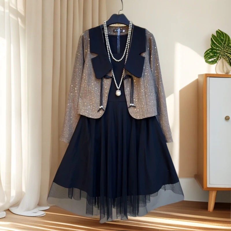 高端大码时尚套装裙女胖mm百搭气质翻领外套遮肚显瘦连衣裙两件套