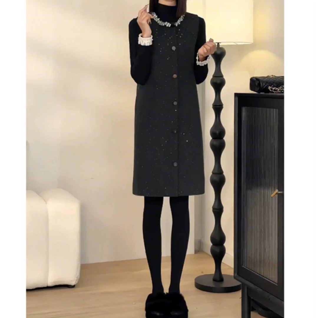 296亮钻领边连衣裙长袖打底衫两件套