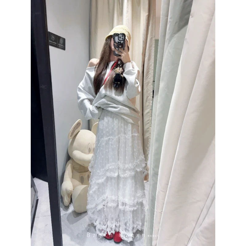 暴走高仙女高个子蕾丝花边蛋糕半身裙女2025秋季加长175白色长裙