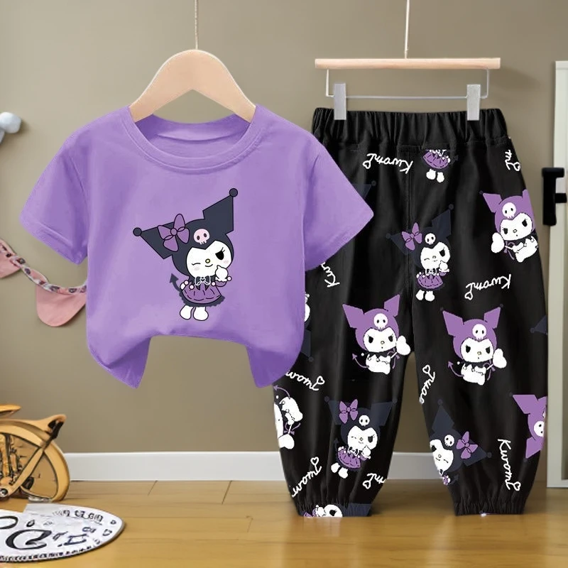 纯棉女童可爱库洛米短袖T恤套装夏季儿童新款女孩防蚊长裤两件套