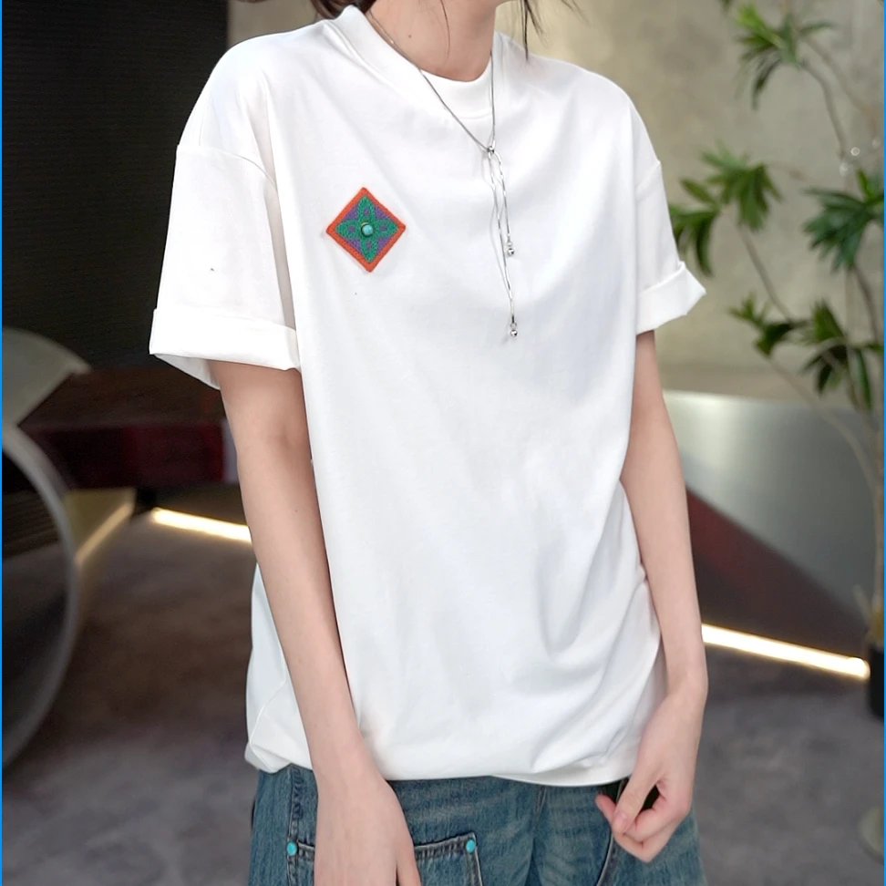 【绘尚D7黛仪6104】编织布刺绣短袖T恤男女同款S256104