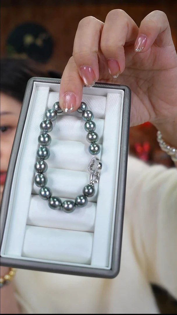 银S925镶嵌手链海水珍珠铂金灰8-9mm