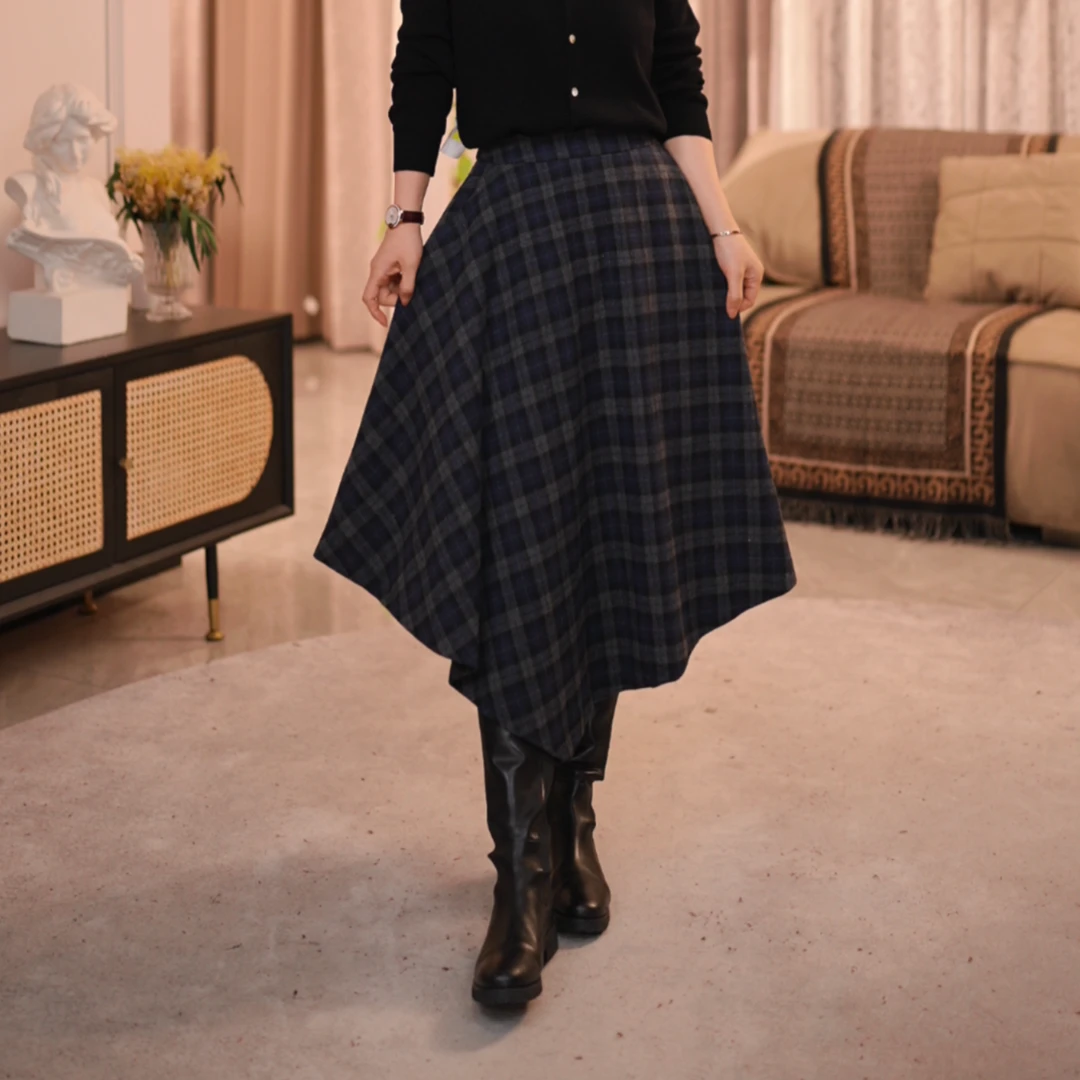 半身裙秋冬格纹显瘦百褶格子极简风厚款#GT8008