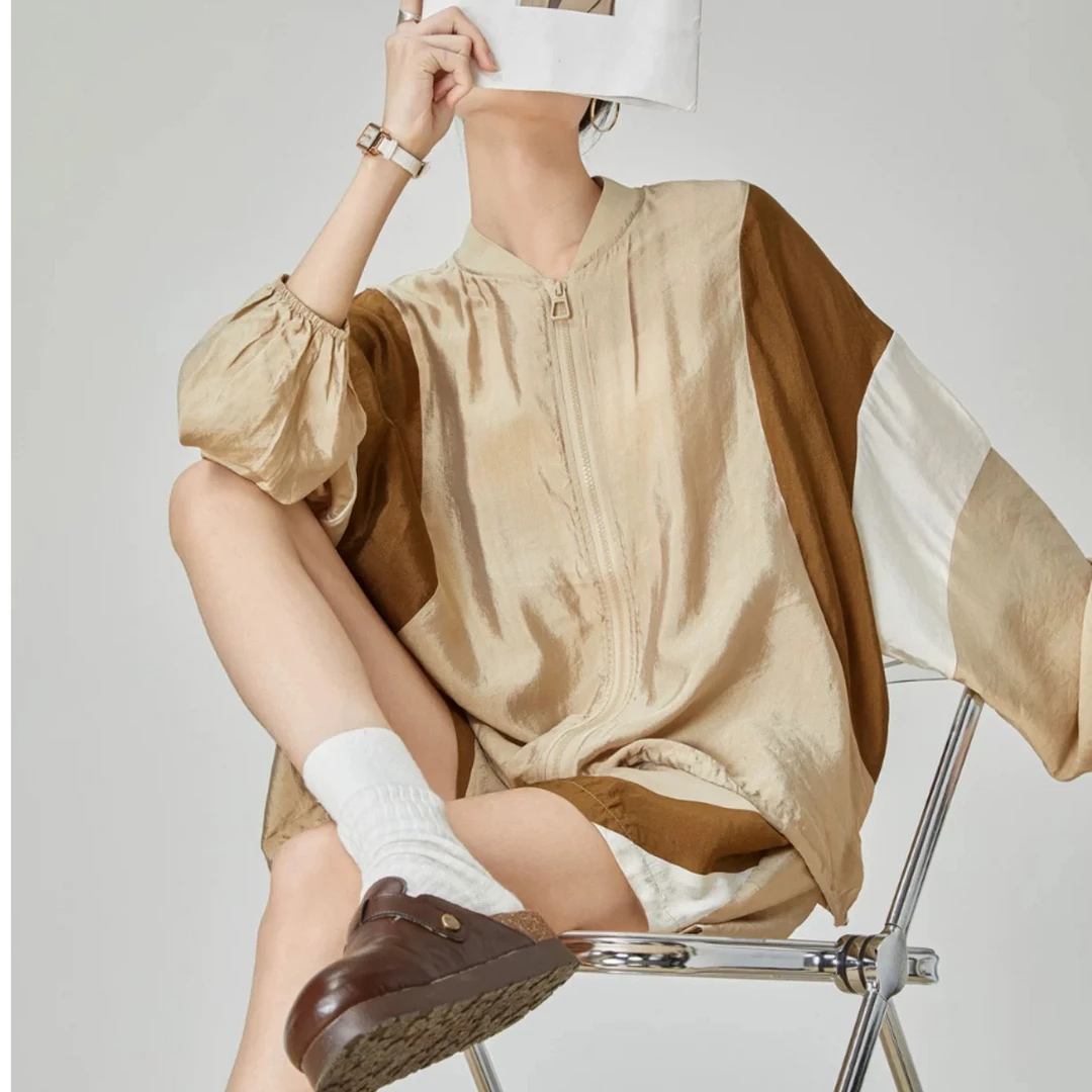 撞色拼接休闲轻薄套装女2025夏季新款工装风防晒外套