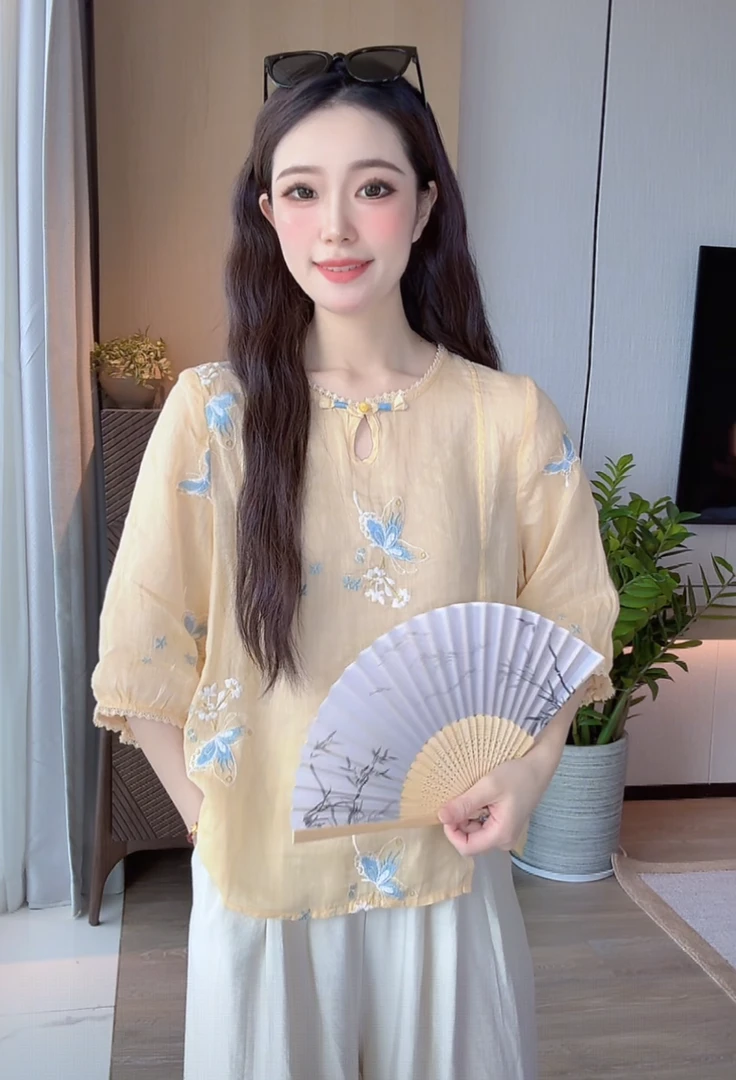 2025夏季新中式国风麻感V领设计感小衫复古衬衫