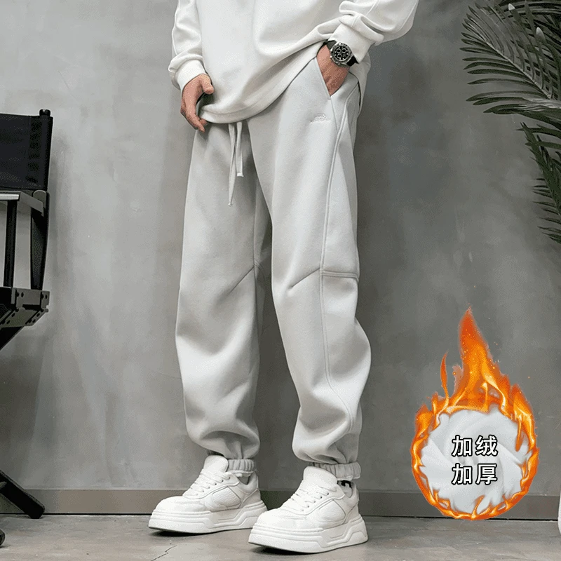秋冬新款加绒加厚美式潮流运动束脚卫裤男士宽松百搭刺绣休闲裤