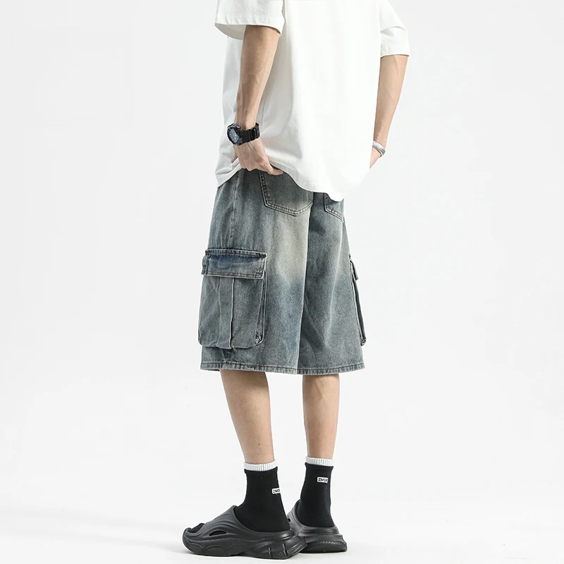 大口袋工装牛仔短裤男夏季宽松休闲中裤美式复古阔腿五分裤子2025