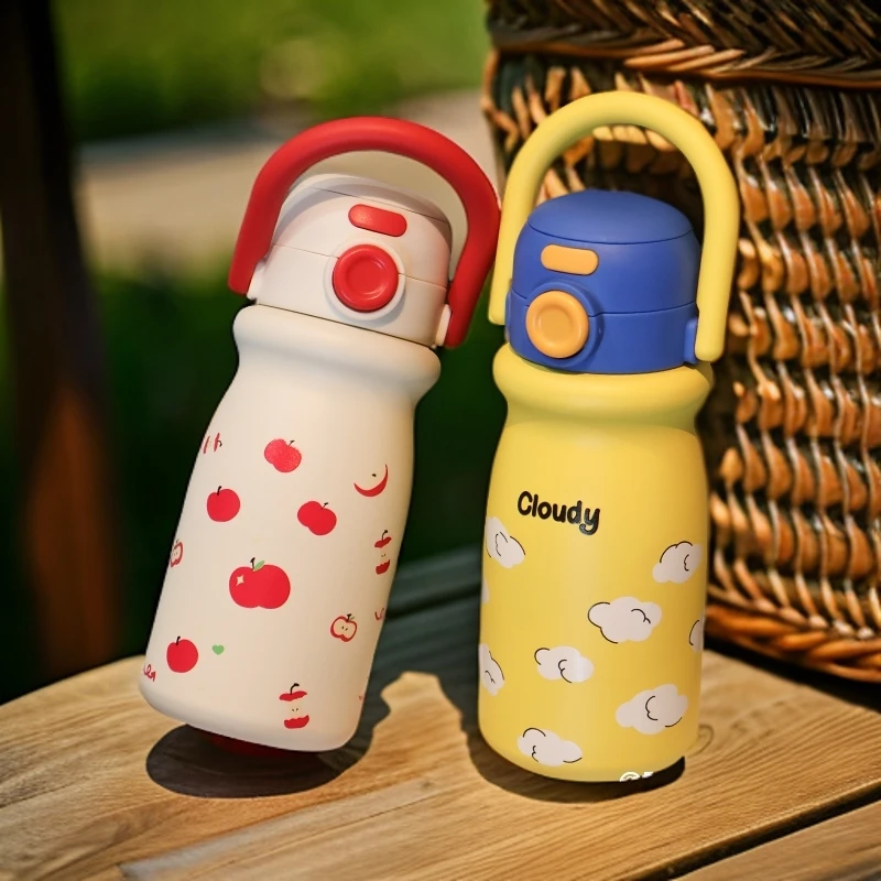 可爱手提保温杯316不锈钢双饮500ML便携水杯学生吸管杯防滑