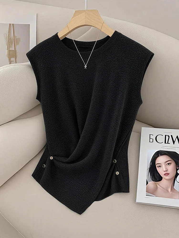 设计感时尚不规则交叉针织圆领飞飞袖T恤女夏季新款薄款短上衣女