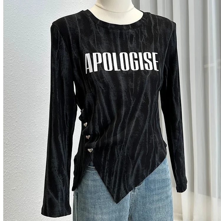 正肩长袖T恤早春时尚印花显瘦百搭打底衫独特扎染不规则上衣A303