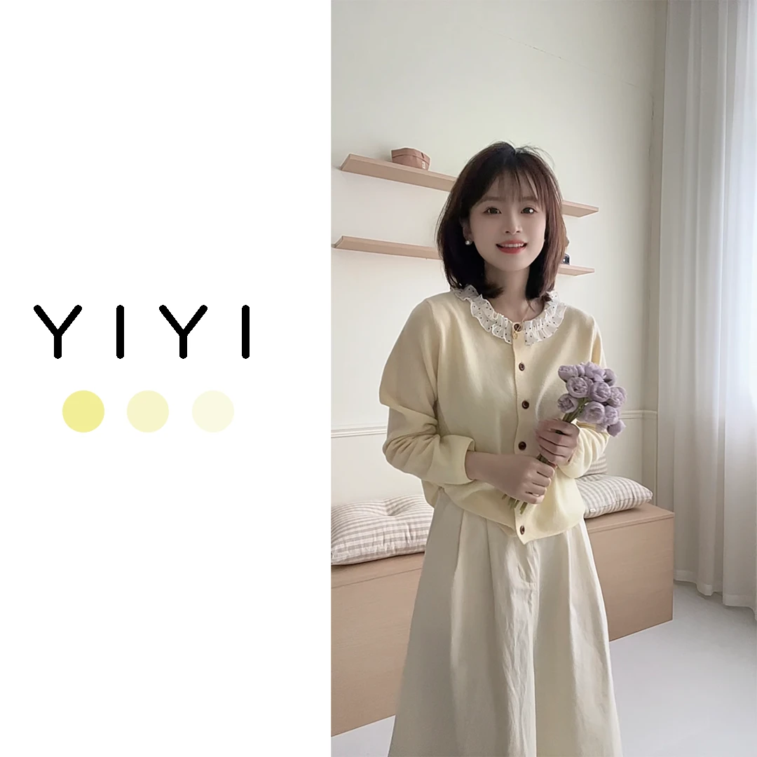 【YiYi】波点~韩版秋季全羊毛气质显瘦波点拼接花边针织开衫