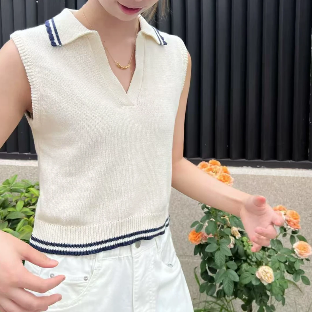 美单美式学院风时尚百搭夏季撞色翻领减龄无袖针织背心
